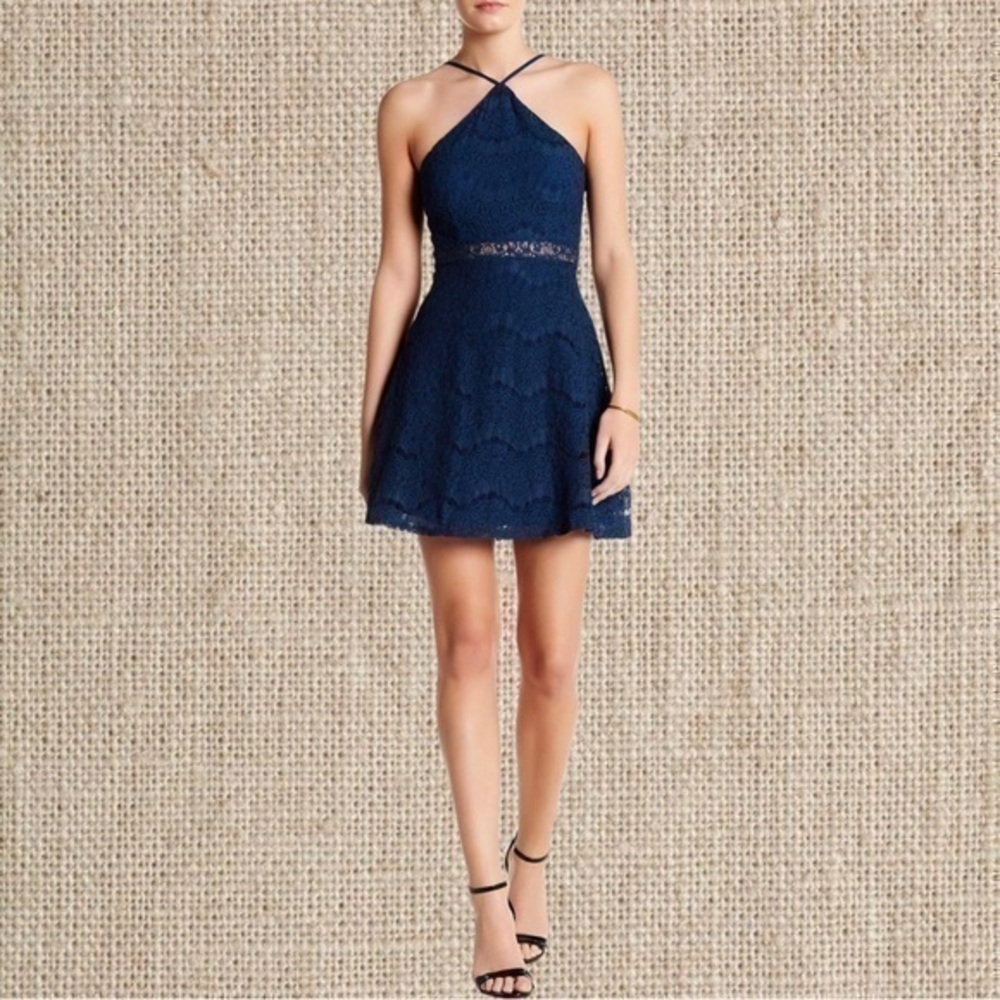 Lace halter blue mini flare dress